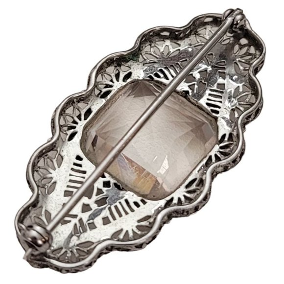 Silver Tone Rhodium Plated Art Deco Clear Rhinestone Filigree Brooch Pin E199 - Picture 5 of 9